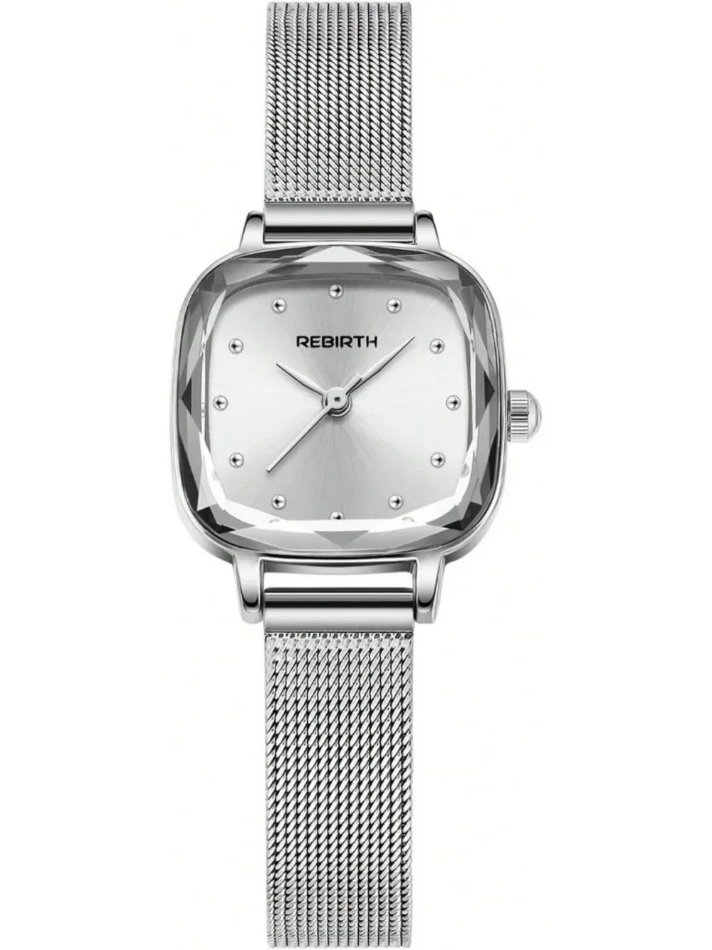 Women's Silver Square Minimalist Dial Mesh Band Crystal Case Wrist Watch